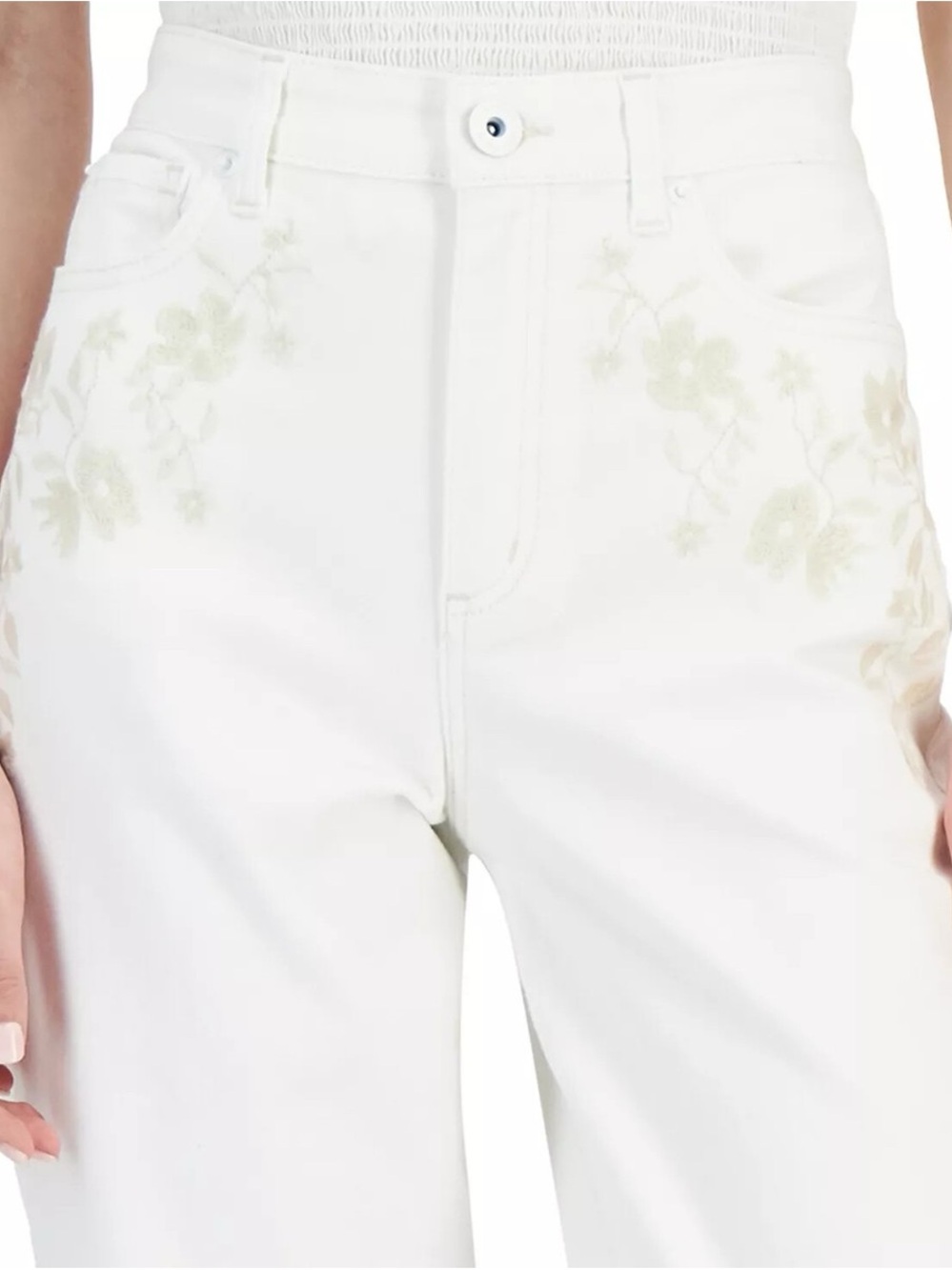 INC International Concepts White Straight-Leg Jeans with Subtle Floral Detail